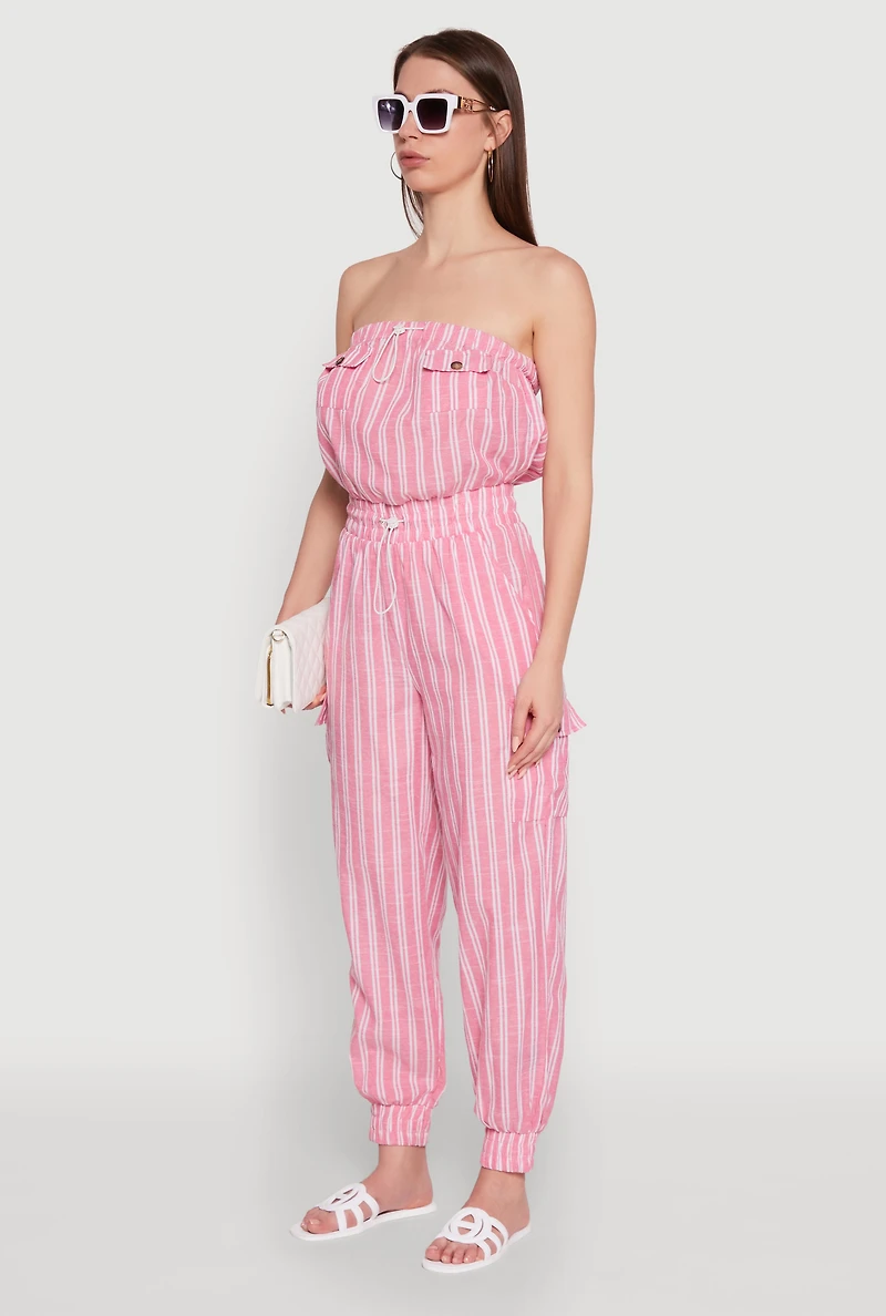 Womens Stylish Striped Utility Jumpsuit with Drawstring Waist, Pink, Size L