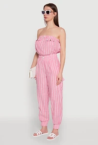 Womens Stylish Striped Utility Jumpsuit with Drawstring Waist, Pink, Size L