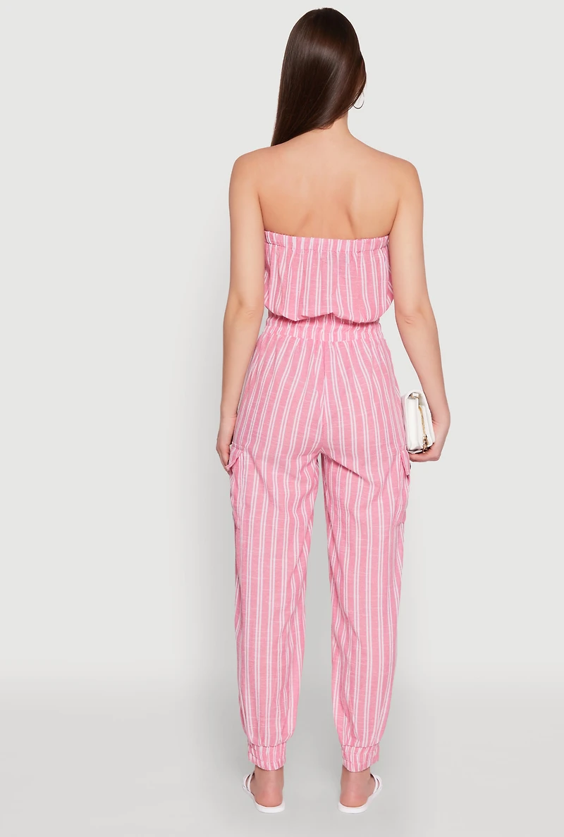 Womens Stylish Striped Utility Jumpsuit with Drawstring Waist, Pink, Size L
