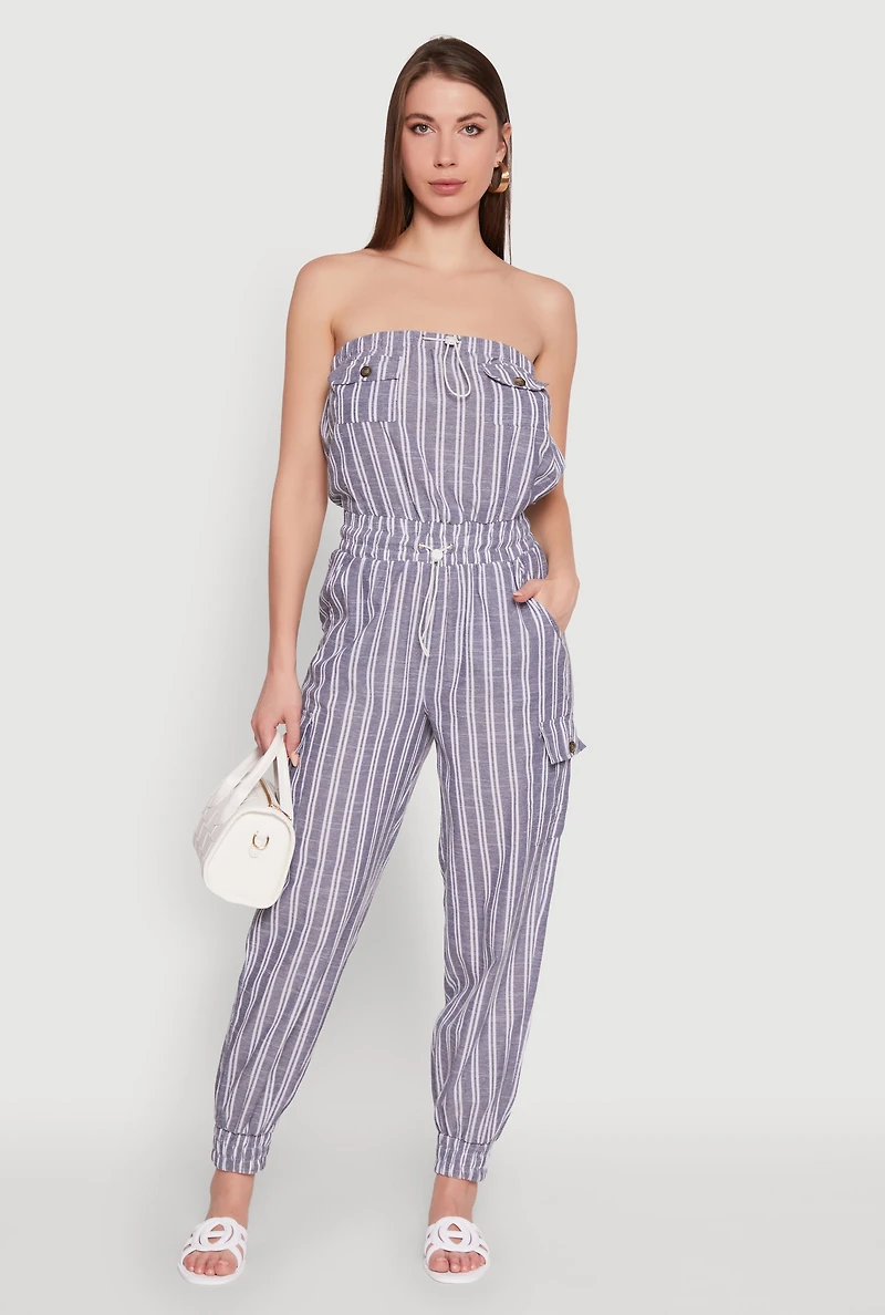 Womens Stylish Striped Utility Jumpsuit with Drawstring Waist, Blue, Size S