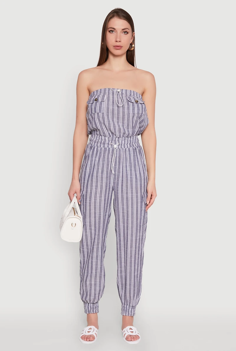 Womens Stylish Striped Utility Jumpsuit with Drawstring Waist, Blue, Size S