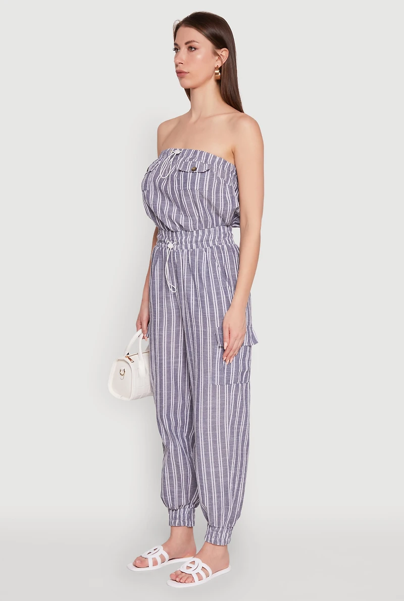 Stylish Striped Utility Jumpsuit with Drawstring Waist