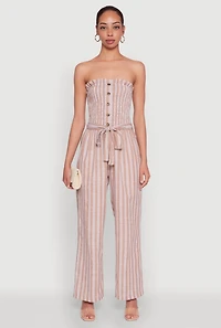 Womens Smocked Tie Waist Belted Pinstripe Jumpsuit,