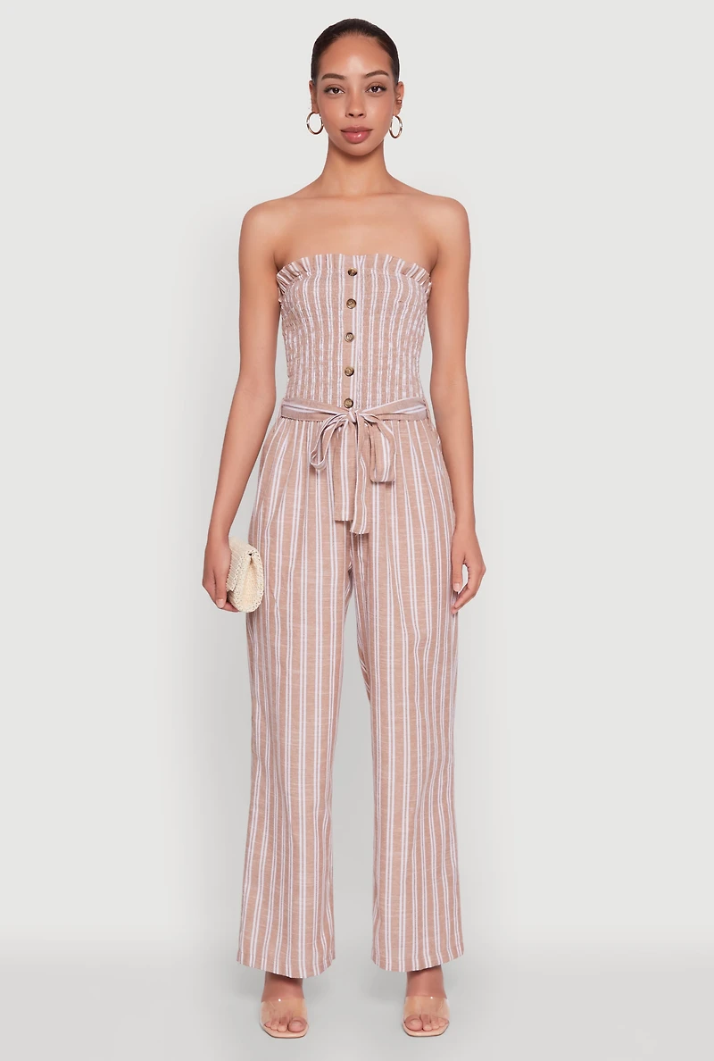 Womens Smocked Tie Waist Belted Pinstripe Jumpsuit, M