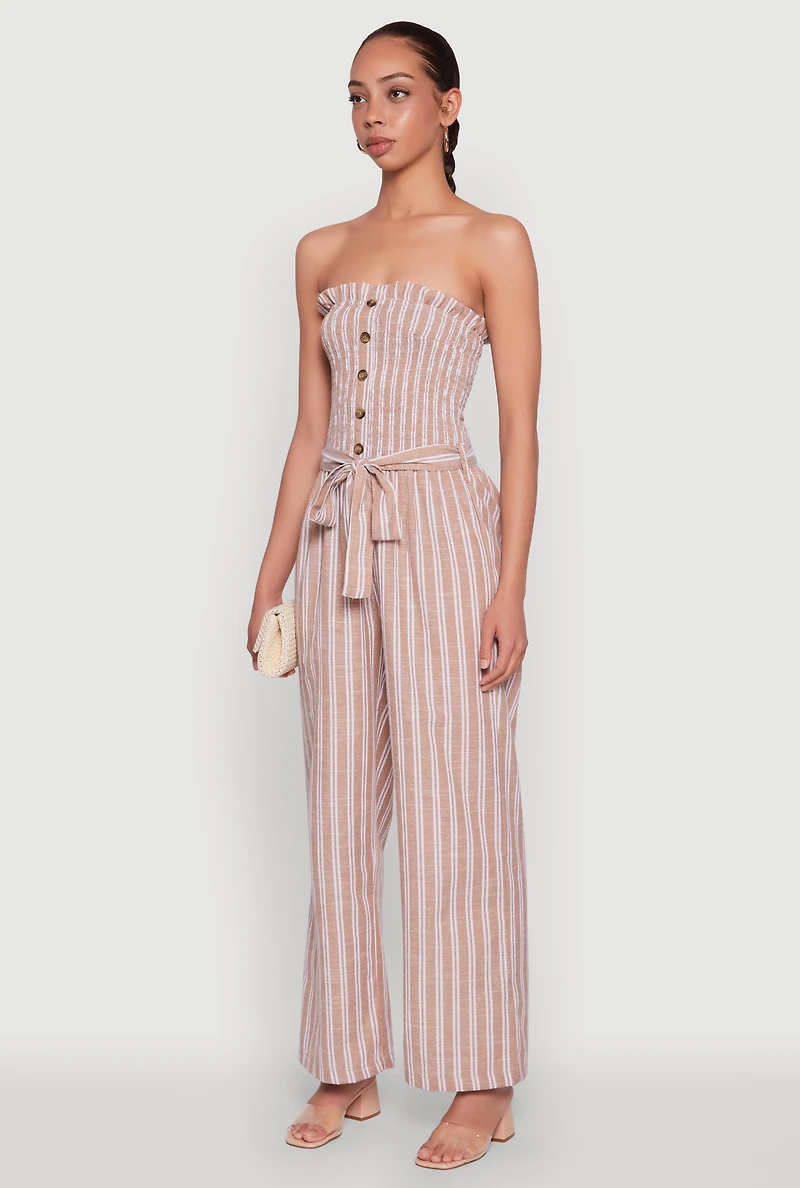 Womens Smocked Tie Waist Belted Pinstripe Jumpsuit,