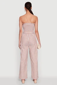 Womens Smocked Tie Waist Belted Pinstripe Jumpsuit,