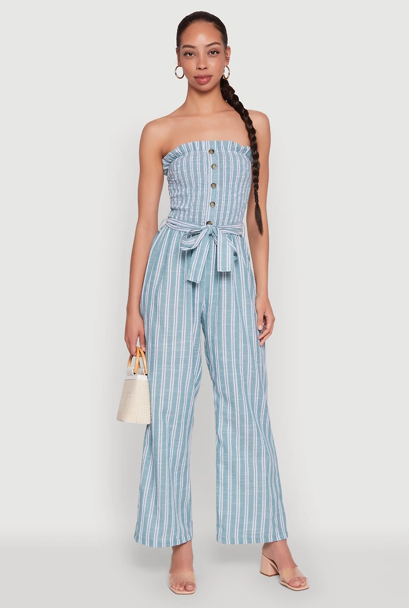 Womens Smocked Tie Waist Belted Pinstripe Jumpsuit, Blue,