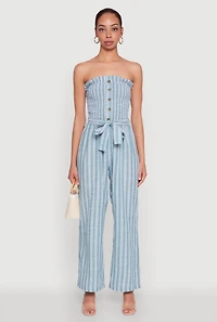 Womens Smocked Tie Waist Belted Pinstripe Jumpsuit, Blue,