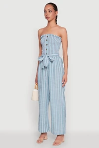 Womens Smocked Tie Waist Belted Pinstripe Jumpsuit, Blue, Size S