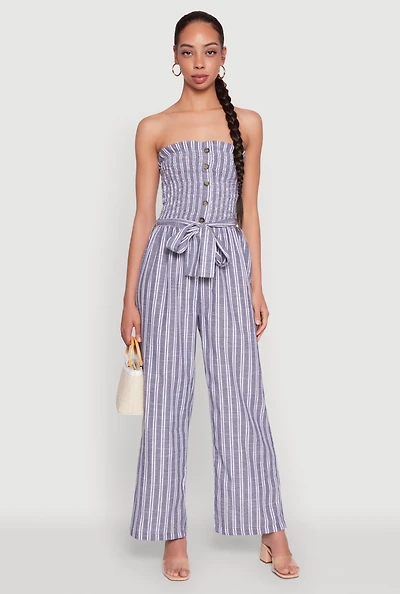Womens Smocked Tie Waist Belted Pinstripe Jumpsuit,