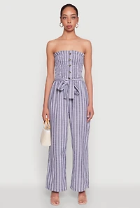 Womens Smocked Tie Waist Belted Pinstripe Jumpsuit, Blue, Size XL