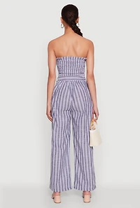 Womens Smocked Tie Waist Belted Pinstripe Jumpsuit, Blue, Size XL