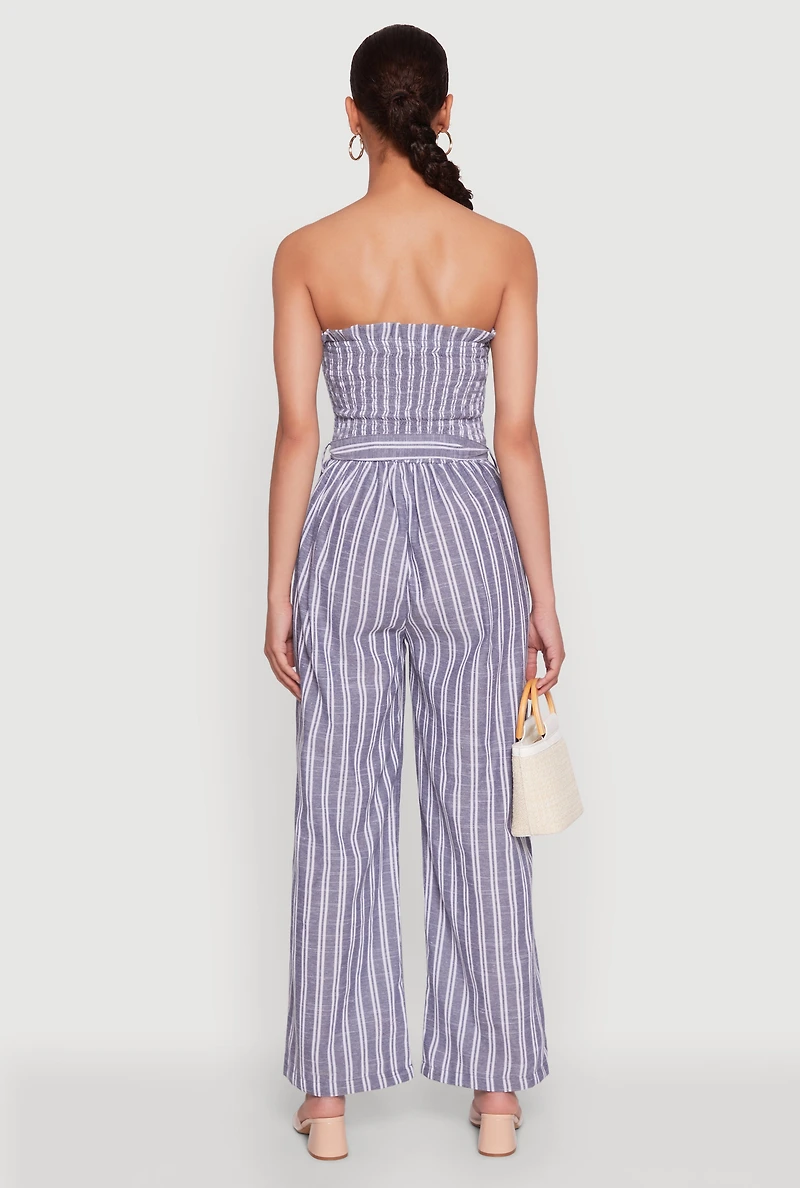 Womens Smocked Tie Waist Belted Pinstripe Jumpsuit, Blue, Size S