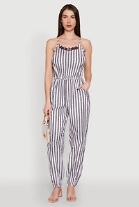 Wooden Beaded Detail Striped Jumpsuit