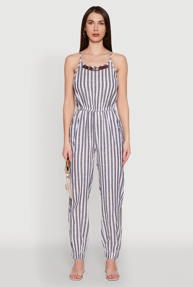 Womens Wooden Beaded Detail Striped Jumpsuit, Multi, Size S
