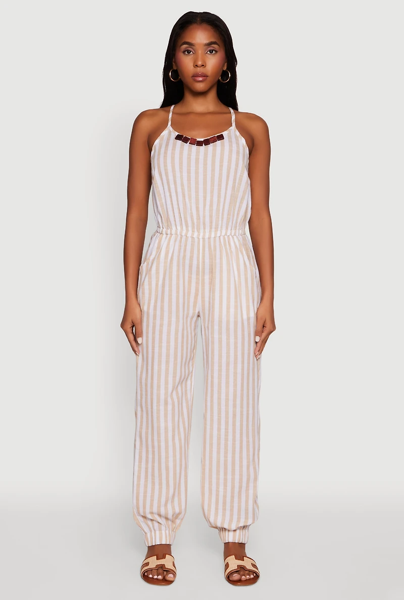 Wooden Beaded Detail Striped Jumpsuit