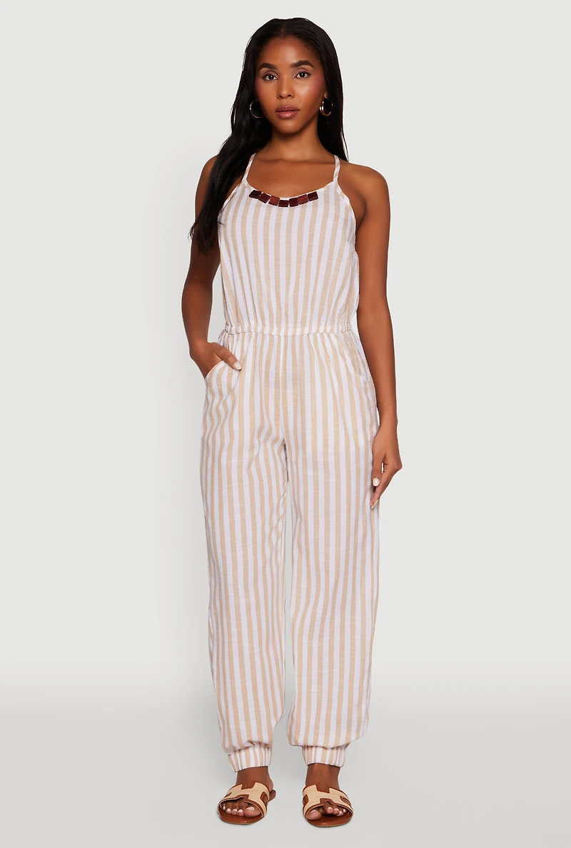 Wooden Beaded Detail Striped Jumpsuit