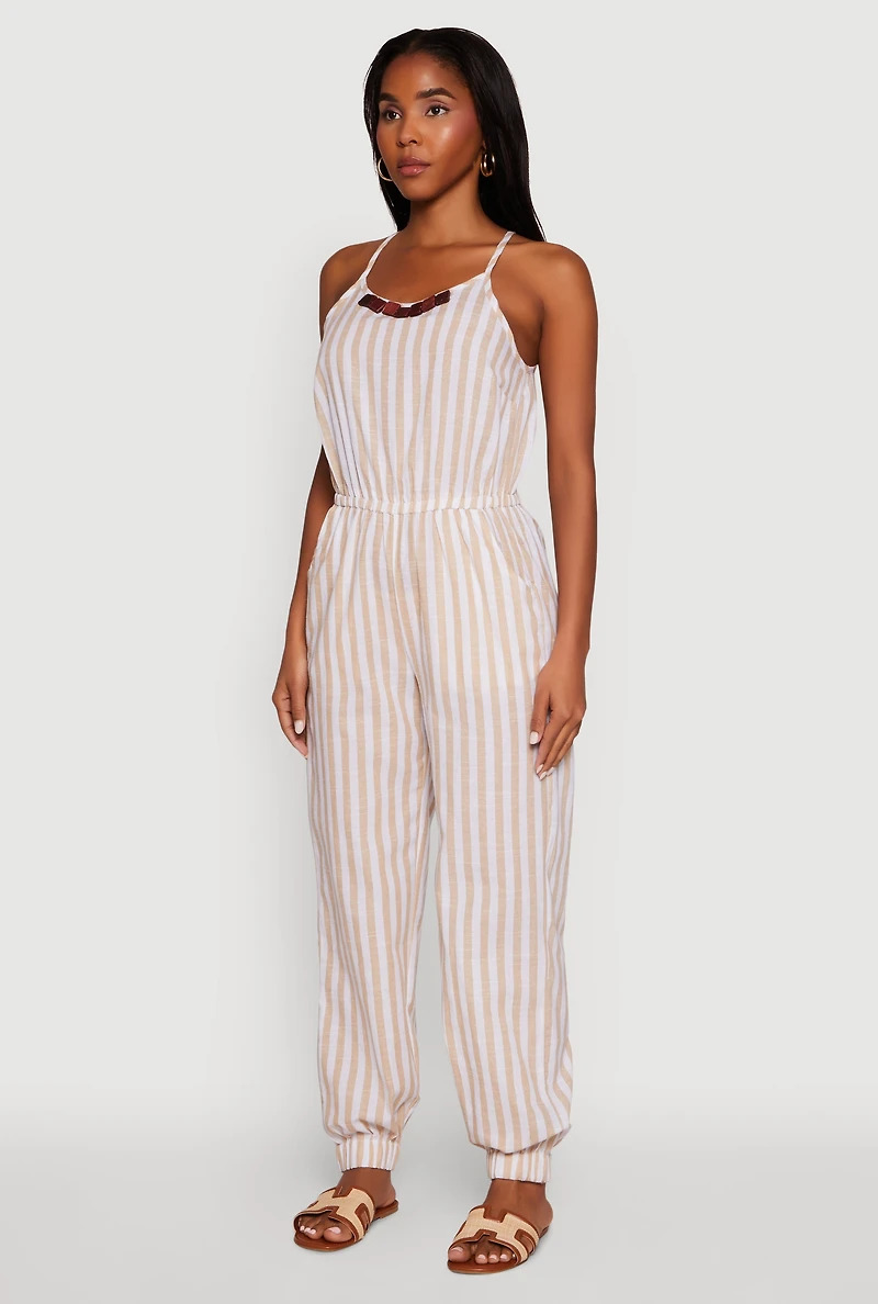 Wooden Beaded Detail Striped Jumpsuit