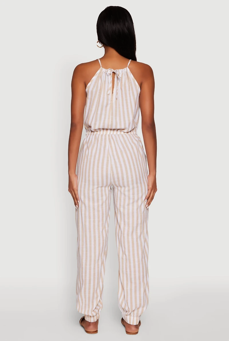 Wooden Beaded Detail Striped Jumpsuit