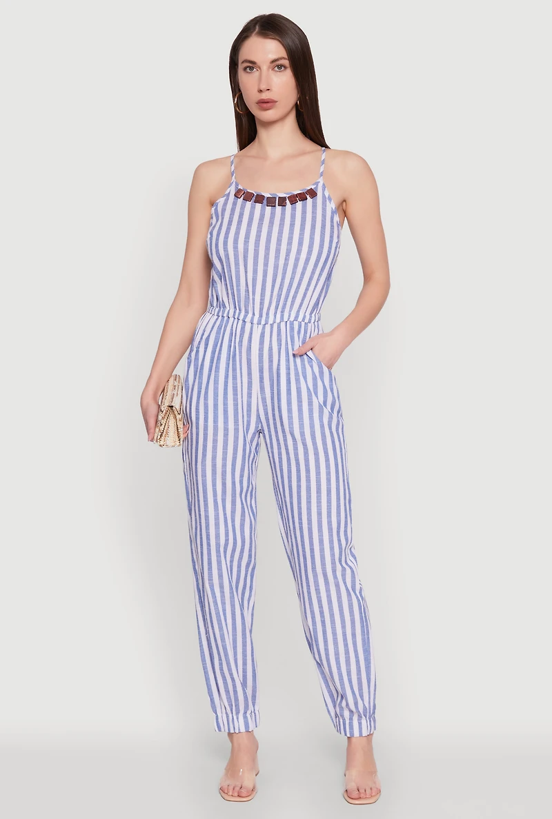 Wooden Beaded Detail Striped Jumpsuit