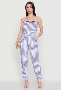 Wooden Beaded Detail Striped Jumpsuit
