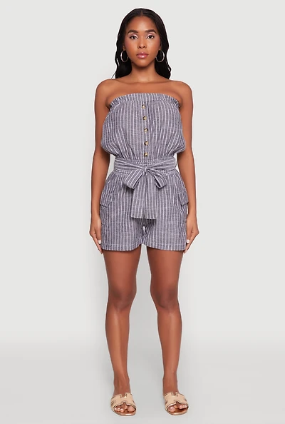 Womens Tie Waist Belted Striped Strapless Cargo Romper, Grey, Size S