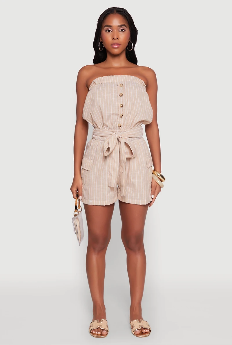Womens Tie Waist Belted Striped Strapless Cargo Romper, Beige, Size M