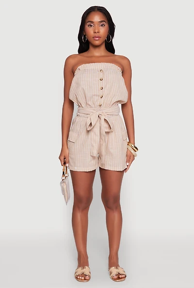 Womens Tie Waist Belted Striped Strapless Cargo Romper, Beige, Size M