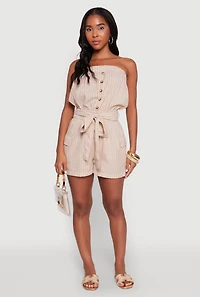 Womens Tie Waist Belted Striped Strapless Cargo Romper, Beige, Size S