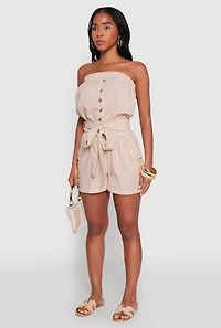 Womens Tie Waist Belted Striped Strapless Cargo Romper, Beige, Size M