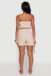 Womens Tie Waist Belted Striped Strapless Cargo Romper, Beige, Size M