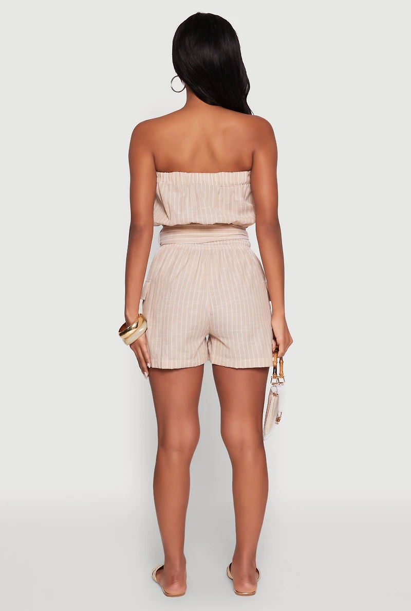 Womens Tie Waist Belted Striped Strapless Cargo Romper, Beige, Size S