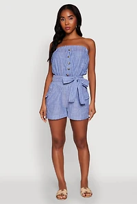 Womens Tie Waist Belted Striped Strapless Cargo Romper, Blue, Size S