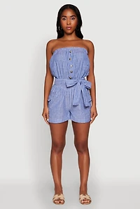 Womens Tie Waist Belted Striped Strapless Cargo Romper, Blue, Size S