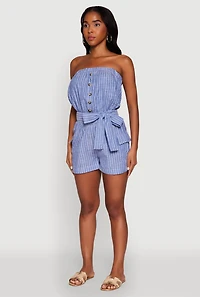 Womens Tie Waist Belted Striped Strapless Cargo Romper, Blue, Size S