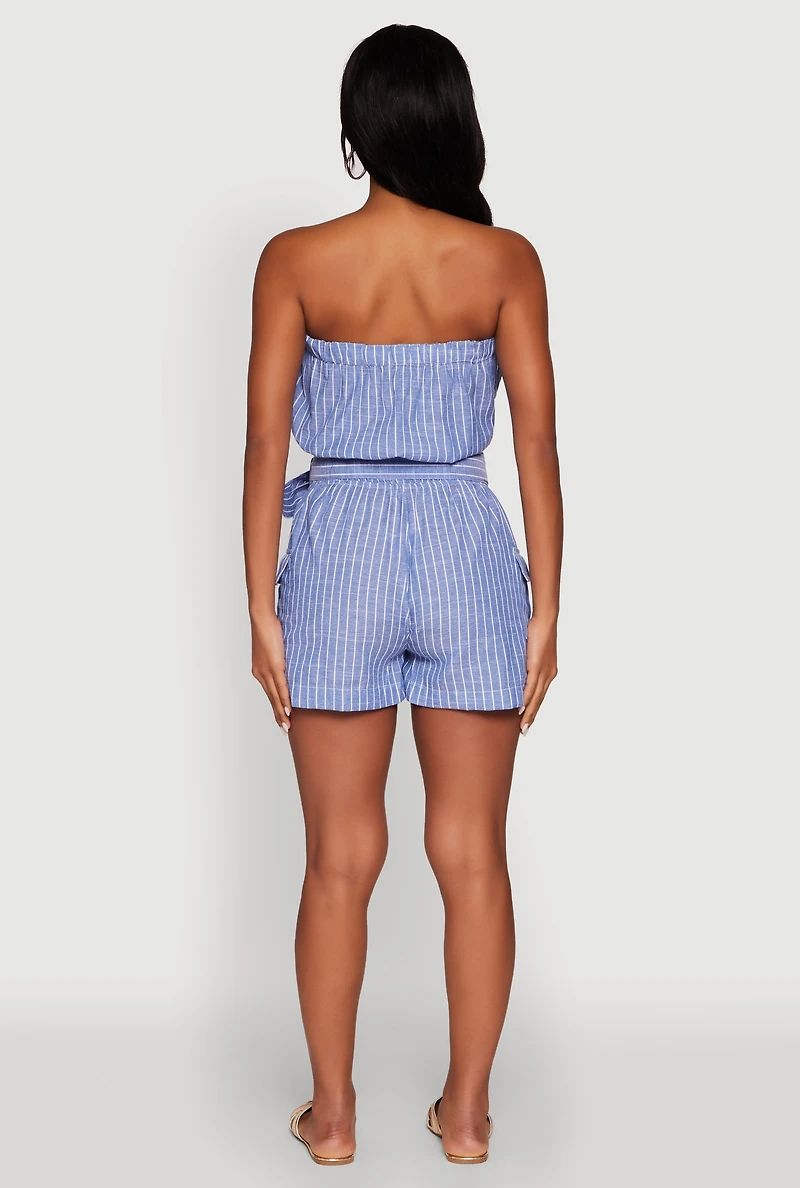 Womens Tie Waist Belted Striped Strapless Cargo Romper, Blue, Size S