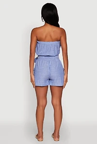 Womens Tie Waist Belted Striped Strapless Cargo Romper, Blue, Size S