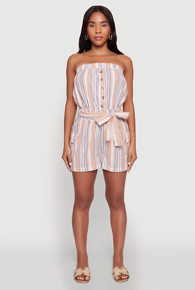 Womens Striped Tie Waist Belted Cargo Pocket Romper, Multi,