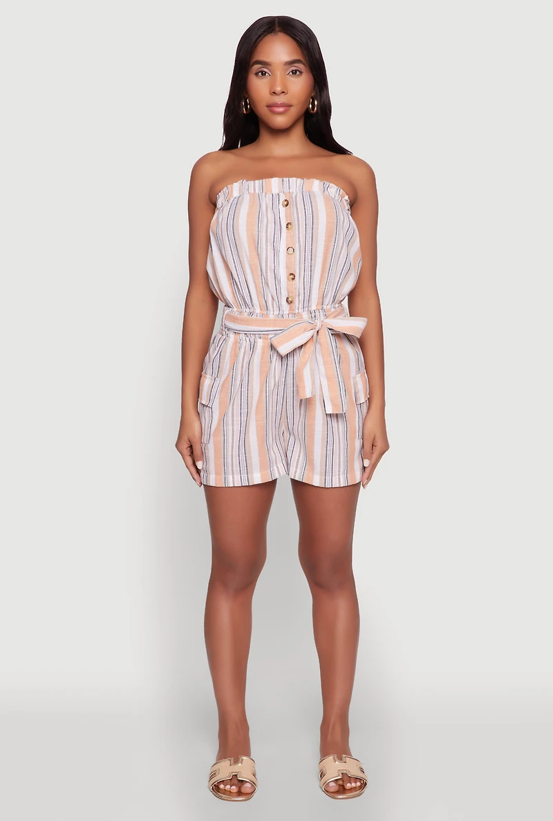 Womens Striped Tie Waist Belted Cargo Pocket Romper, Multi,