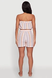 Womens Striped Tie Waist Belted Cargo Pocket Romper, Multi,