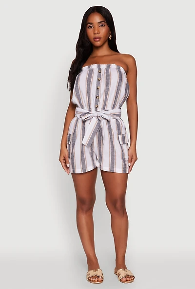 Striped Tie Waist Belted Cargo Pocket Romper