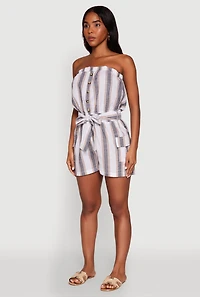 Striped Tie Waist Belted Cargo Pocket Romper
