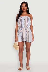 Womens Striped Tie Waist Belted Cargo Pocket Romper, Multi,