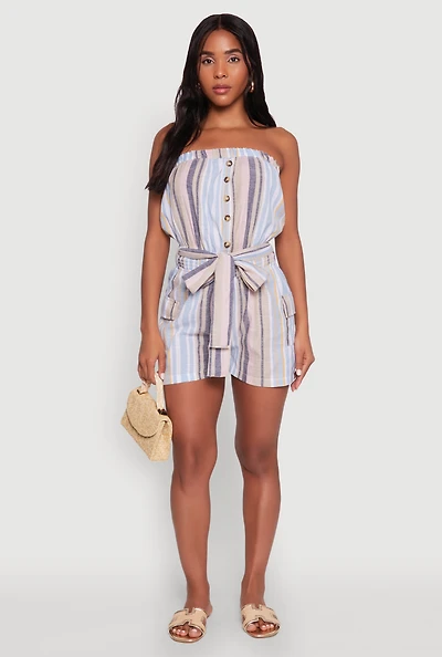 Womens Striped Tie Waist Belted Cargo Pocket Romper, Multi,