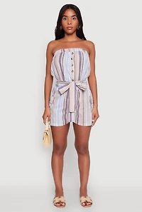 Womens Striped Tie Waist Belted Cargo Pocket Romper, Multi,