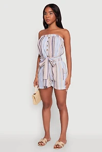 Womens Striped Tie Waist Belted Cargo Pocket Romper, Multi, Size S