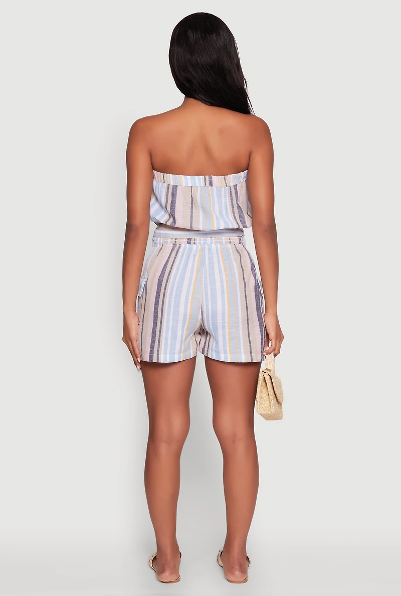 Womens Striped Tie Waist Belted Cargo Pocket Romper, Multi, Size S
