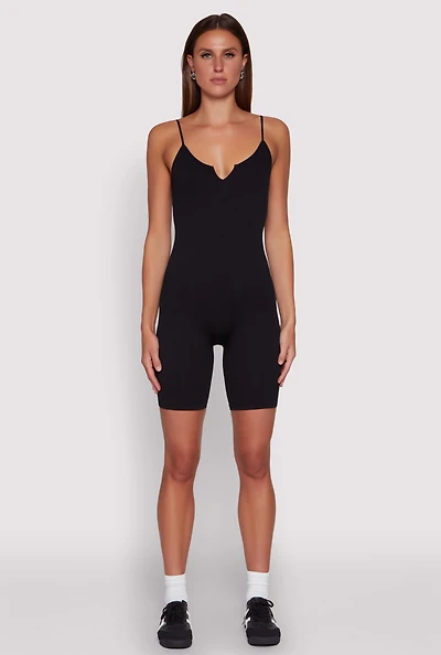 Womens Seamless Rib Knit Notch Neck Biker Romper, Black, Size S-M