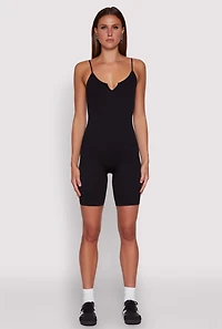 Womens Seamless Rib Knit Notch Neck Biker Romper, Black, Size S-M