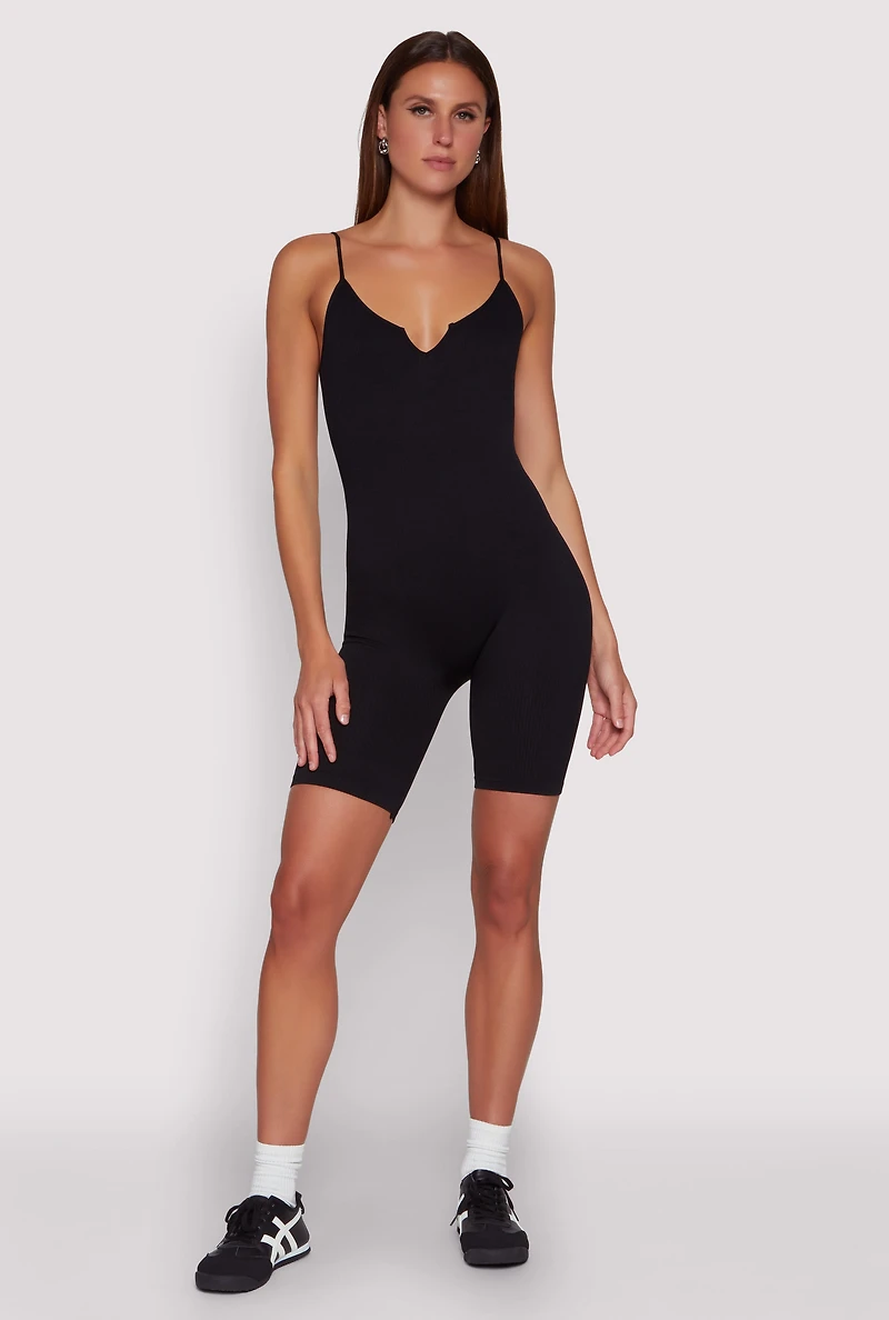 Womens Seamless Rib Knit Notch Neck Biker Romper, Black, Size S-M